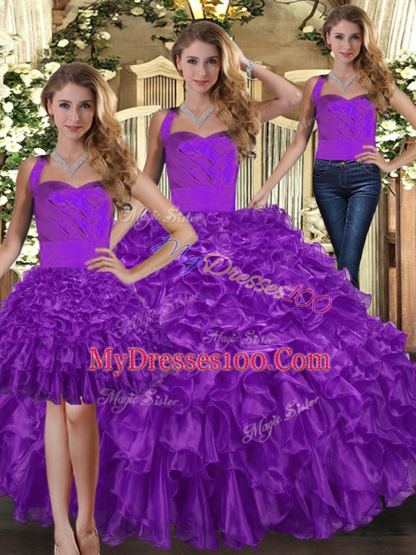 New Arrival Floor Length Purple Sweet 16 Quinceanera Dress Organza Sleeveless Ruffles
