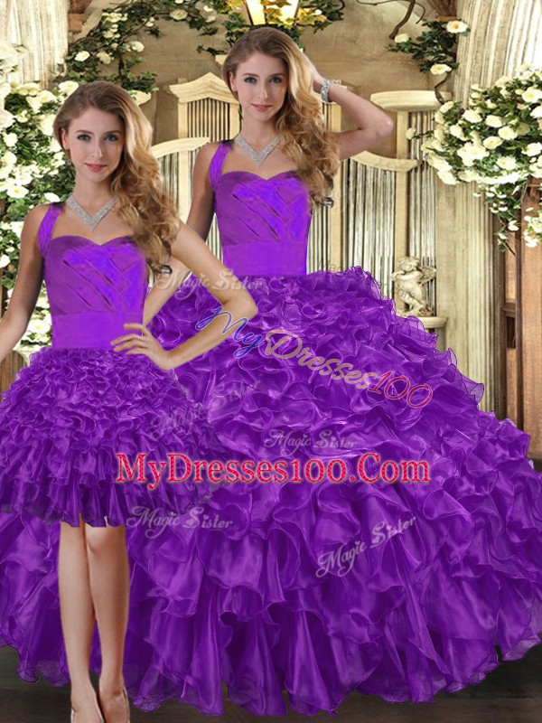 New Arrival Floor Length Purple Sweet 16 Quinceanera Dress Organza Sleeveless Ruffles