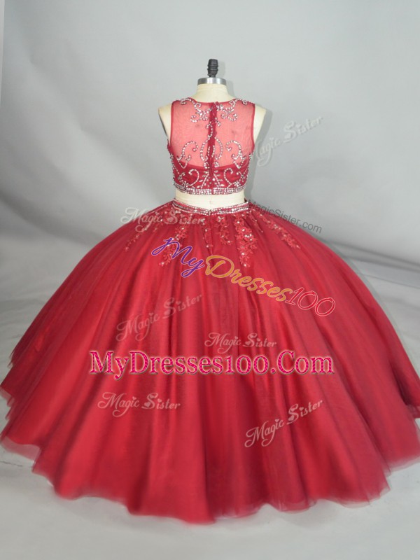 Floor Length Red Quince Ball Gowns Scoop Sleeveless Zipper