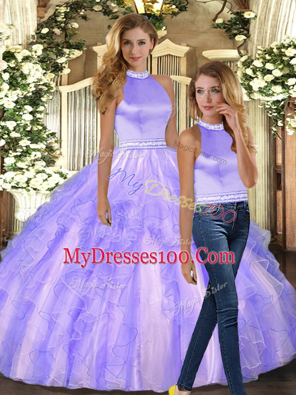 Lavender Quinceanera Gown Sweet 16 and Quinceanera with Ruffles Halter Top Sleeveless Backless