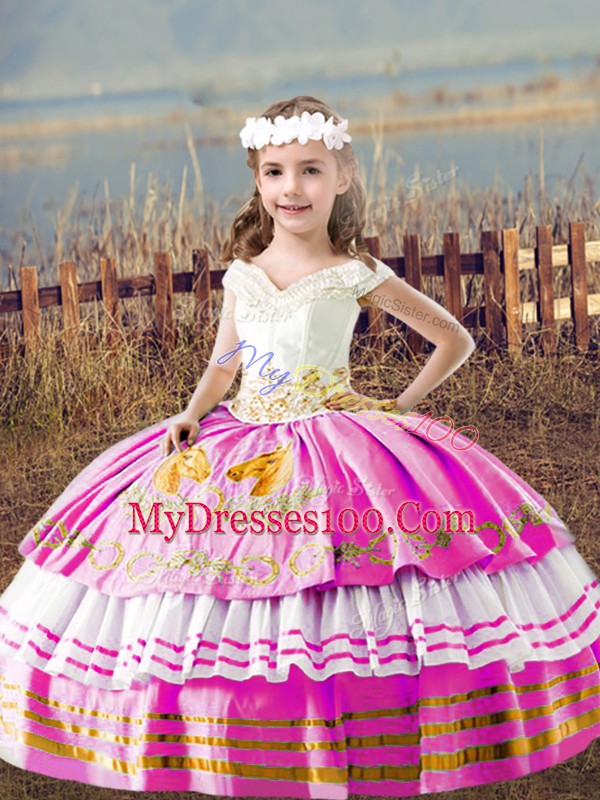 Admirable Lilac Satin Lace Up Off The Shoulder Sleeveless Floor Length Kids Pageant Dress Embroidery