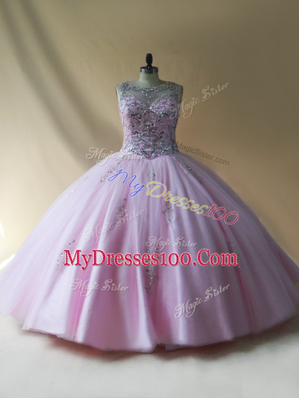 Scoop Sleeveless Tulle 15 Quinceanera Dress Beading Lace Up