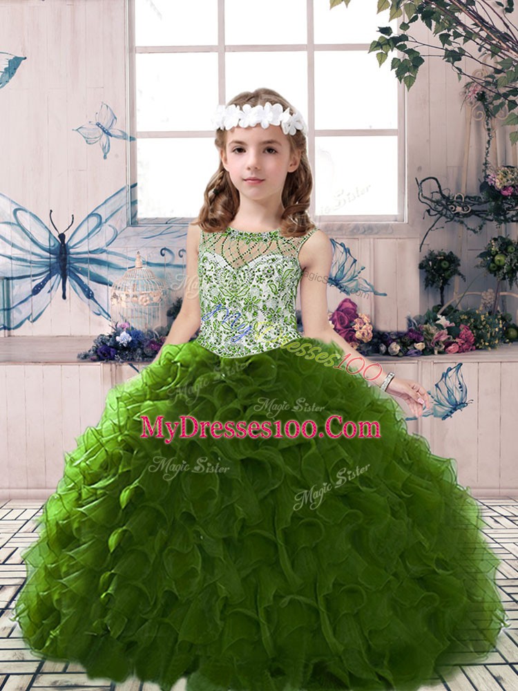 Olive Green Ball Gowns Beading and Ruffles Pageant Dress for Womens Lace Up Organza Sleeveless Floor Length