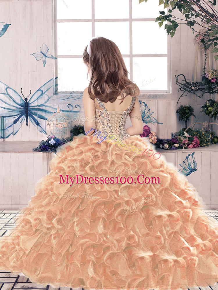 Olive Green Ball Gowns Beading and Ruffles Pageant Dress for Womens Lace Up Organza Sleeveless Floor Length