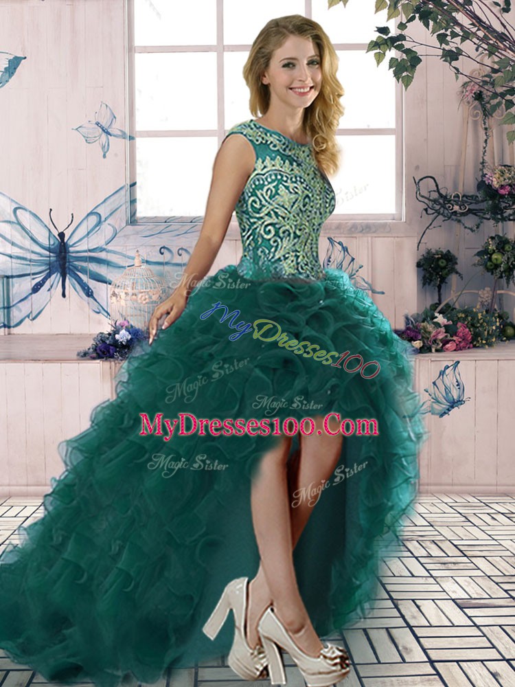Sophisticated Organza Sleeveless High Low Prom Evening Gown and Embroidery and Ruffles