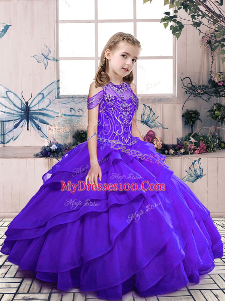 Floor Length Purple Little Girls Pageant Gowns Organza Sleeveless Beading and Ruffled Layers