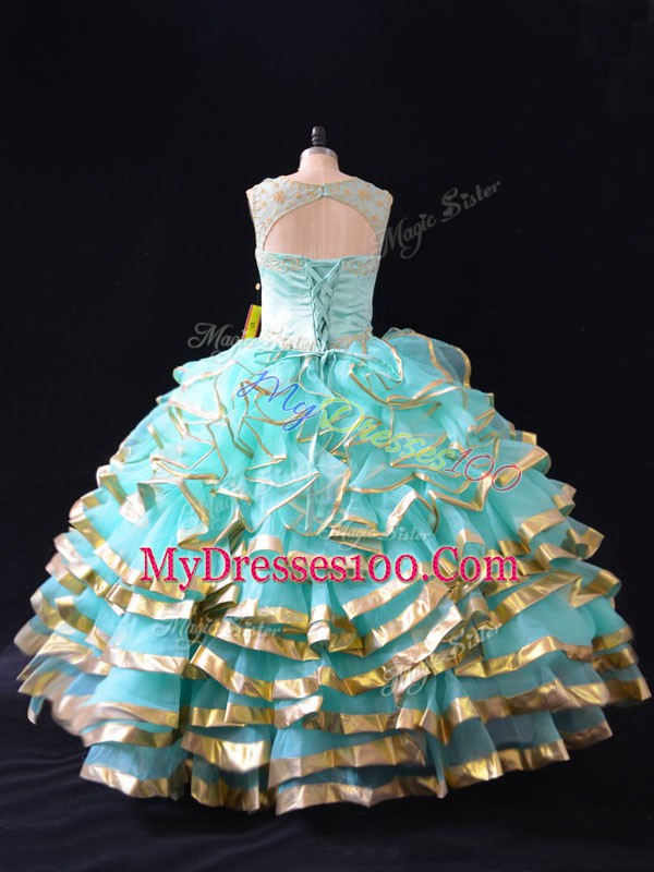 Apple Green Sleeveless Ruffled Layers Floor Length 15 Quinceanera Dress