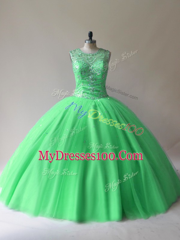 Floor Length Green Quinceanera Dress Tulle Sleeveless Beading