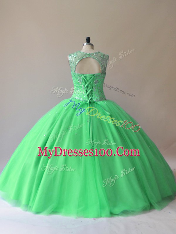Floor Length Green Quinceanera Dress Tulle Sleeveless Beading
