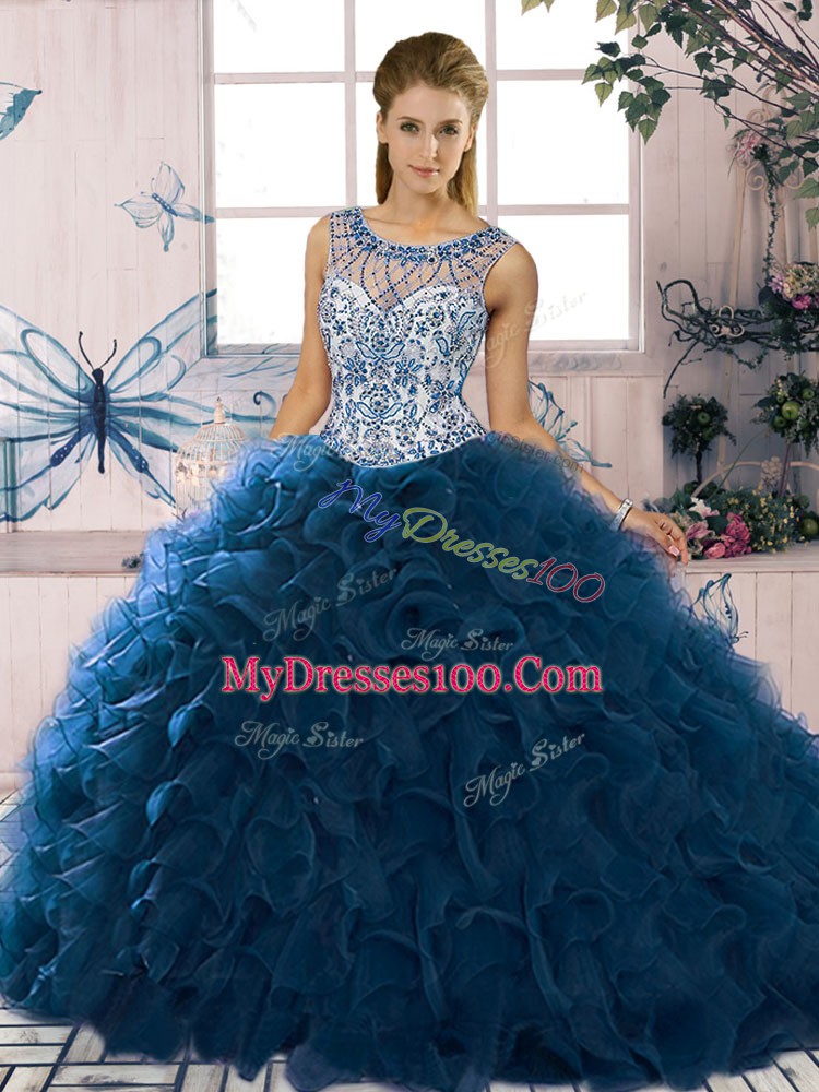 Sleeveless Floor Length Beading and Ruffles Lace Up Ball Gown Prom Dress with Navy Blue