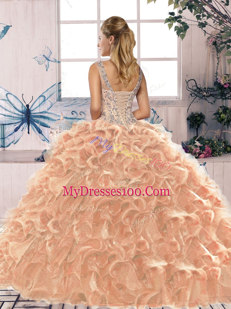 Sleeveless Floor Length Beading and Ruffles Lace Up Ball Gown Prom Dress with Navy Blue