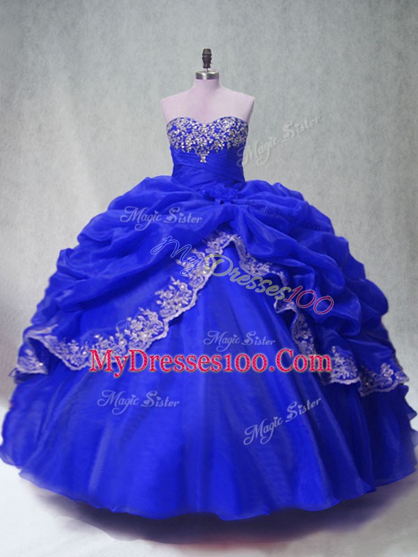 High Quality Royal Blue Ball Gowns Beading and Appliques and Pick Ups Quinceanera Gowns Lace Up Organza Sleeveless Floor Length