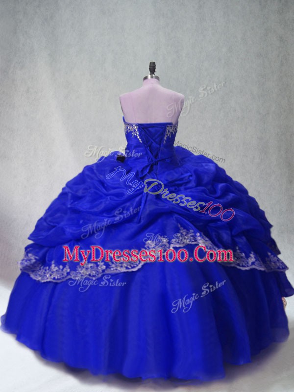 High Quality Royal Blue Ball Gowns Beading and Appliques and Pick Ups Quinceanera Gowns Lace Up Organza Sleeveless Floor Length