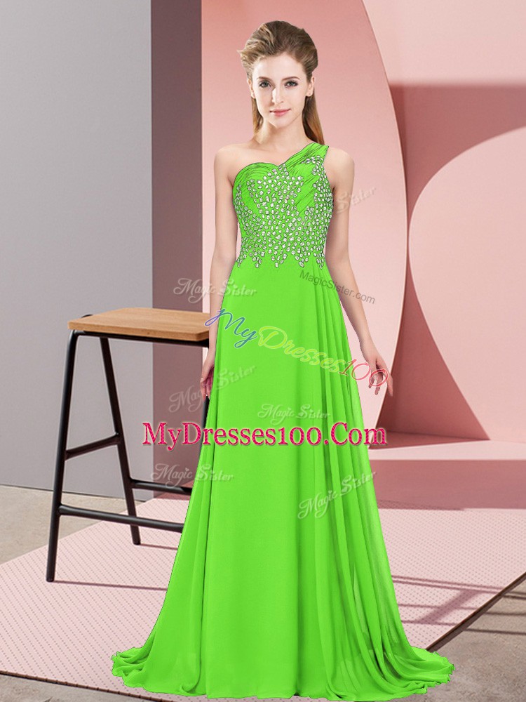 New Arrival Green Side Zipper One Shoulder Beading Formal Evening Gowns Chiffon Sleeveless