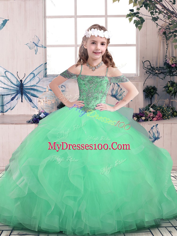 Floor Length Apple Green Kids Pageant Dress Tulle Sleeveless Beading and Ruffles