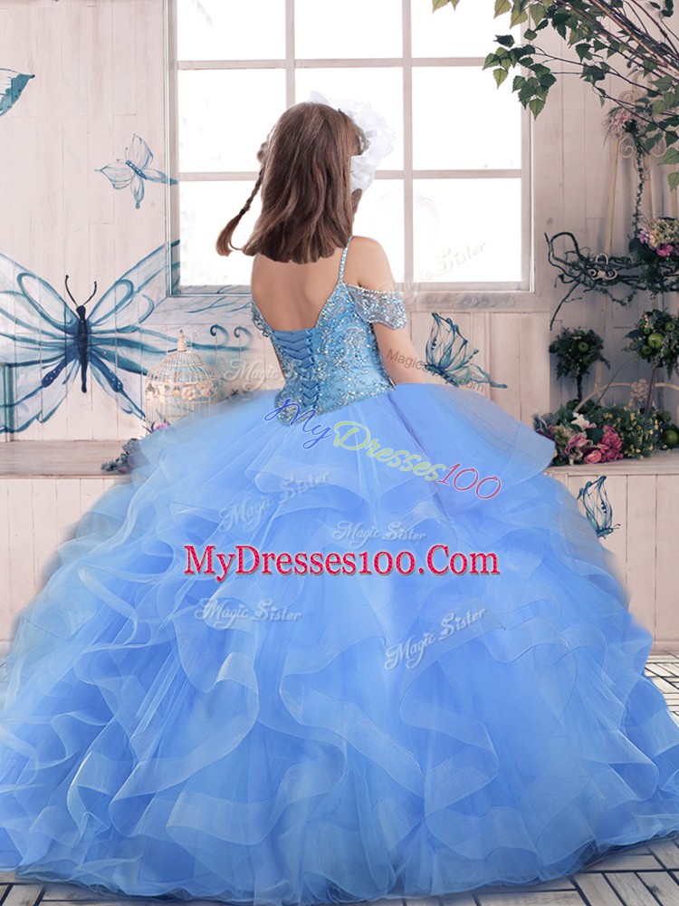 Floor Length Apple Green Kids Pageant Dress Tulle Sleeveless Beading and Ruffles