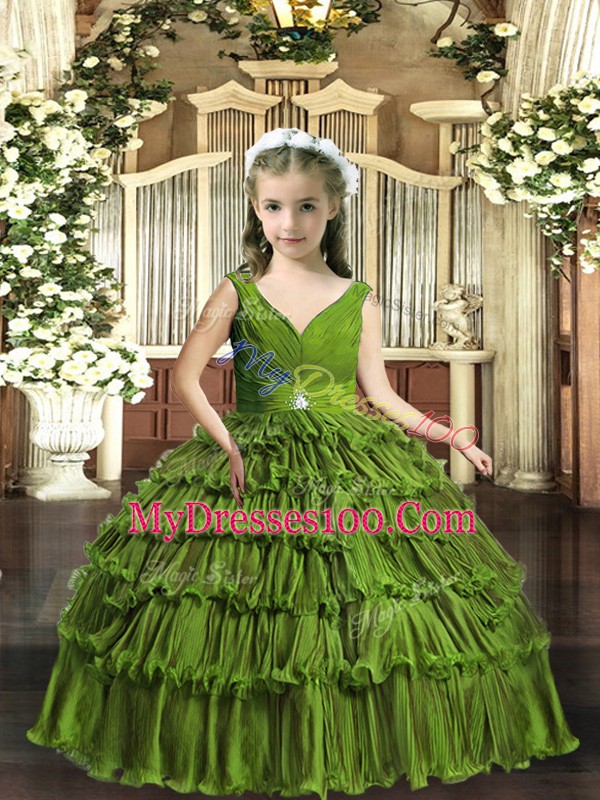 Ball Gowns Pageant Dress for Teens Olive Green V-neck Sleeveless Floor Length Backless