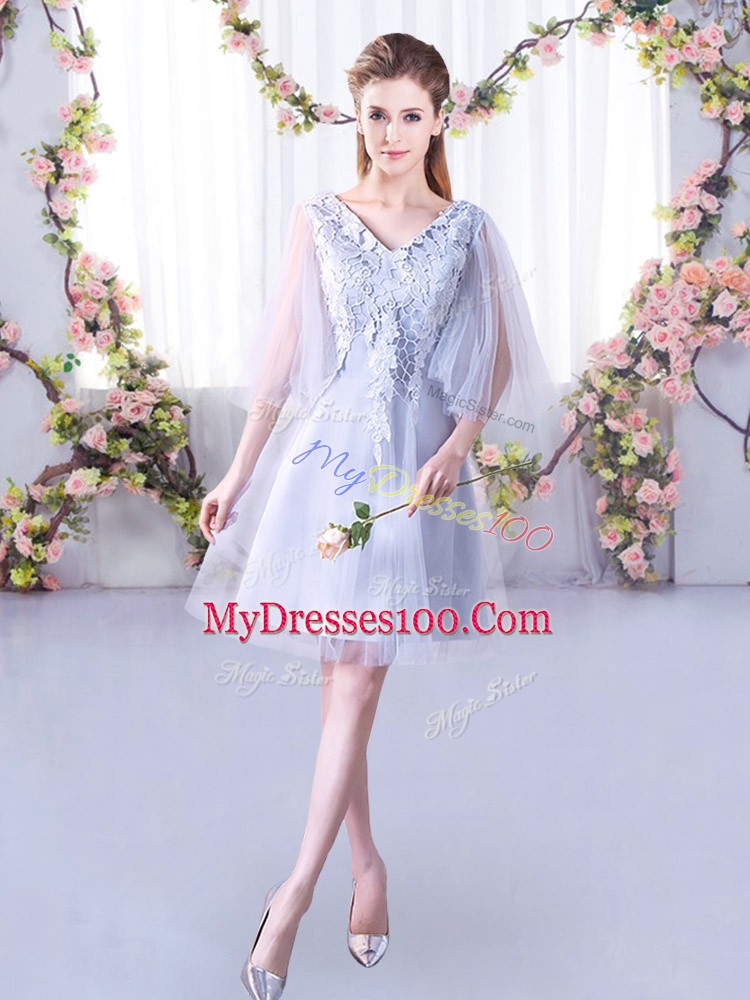 Artistic Mini Length Grey Wedding Party Dress V-neck Sleeveless Lace Up