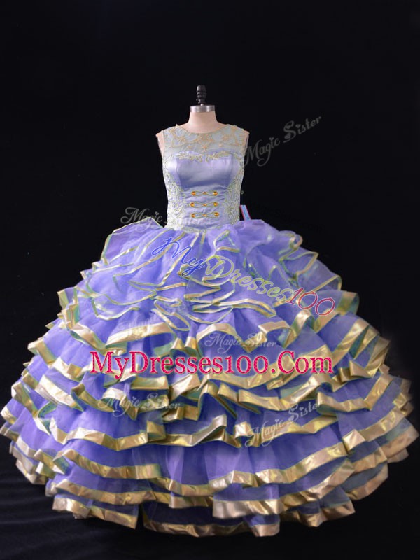 Floor Length Lace Up Ball Gown Prom Dress Lavender for Sweet 16 and Quinceanera with Ruffled Layers