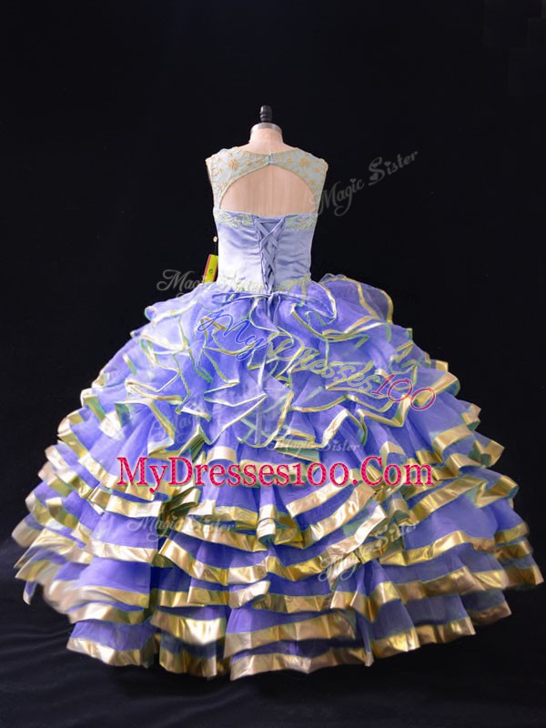 Floor Length Lace Up Ball Gown Prom Dress Lavender for Sweet 16 and Quinceanera with Ruffled Layers