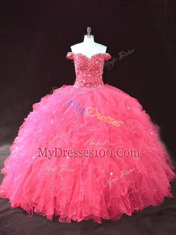 Hot Pink Lace Up Quinceanera Gown Beading and Ruffles Sleeveless Floor Length