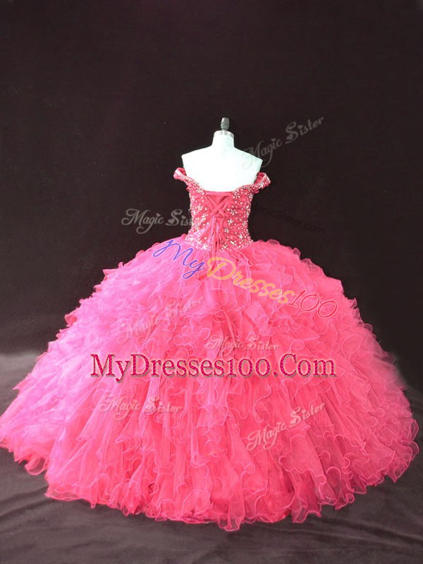 Hot Pink Lace Up Quinceanera Gown Beading and Ruffles Sleeveless Floor Length