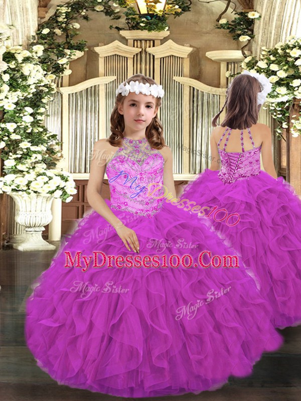 High Quality Sleeveless Beading and Ruffles Lace Up Little Girls Pageant Dress