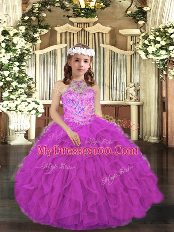 High Quality Sleeveless Beading and Ruffles Lace Up Little Girls Pageant Dress