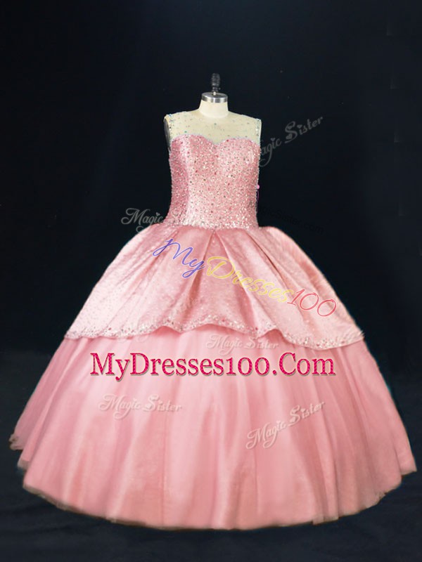 Luxurious Ball Gowns Quinceanera Dresses Pink Scoop Tulle Sleeveless Floor Length Lace Up