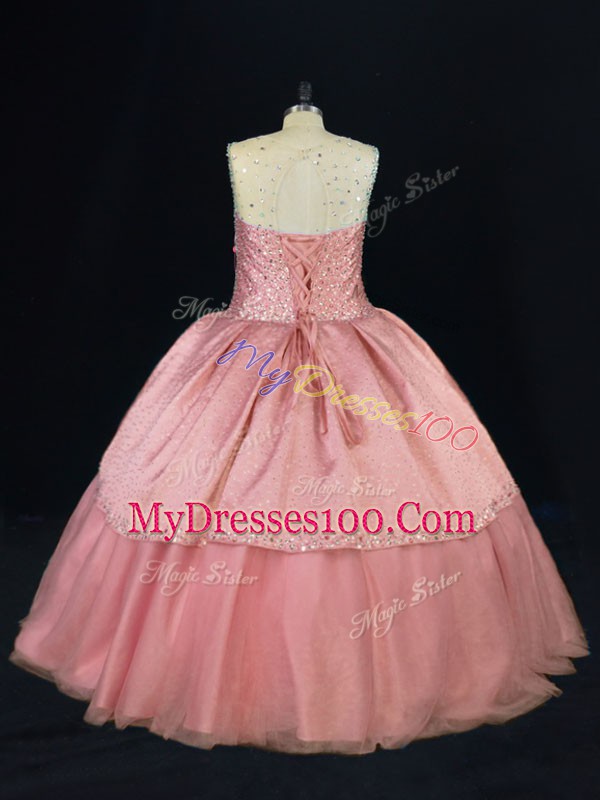 Luxurious Ball Gowns Quinceanera Dresses Pink Scoop Tulle Sleeveless Floor Length Lace Up
