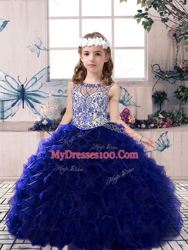 Graceful Scoop Sleeveless Lace Up Kids Formal Wear Royal Blue Organza