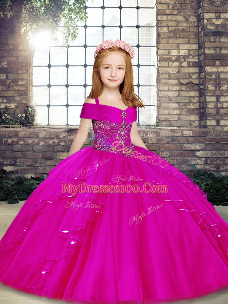 Fashionable Ball Gowns Pageant Gowns Fuchsia Straps Tulle Sleeveless Floor Length Lace Up