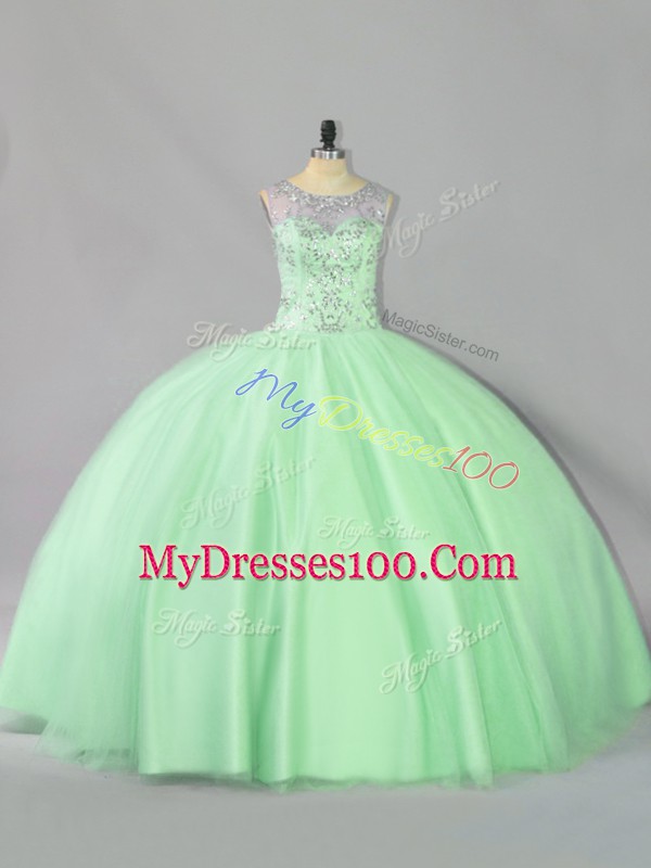 Unique Tulle Scoop Sleeveless Lace Up Sequins Quinceanera Dresses in Apple Green