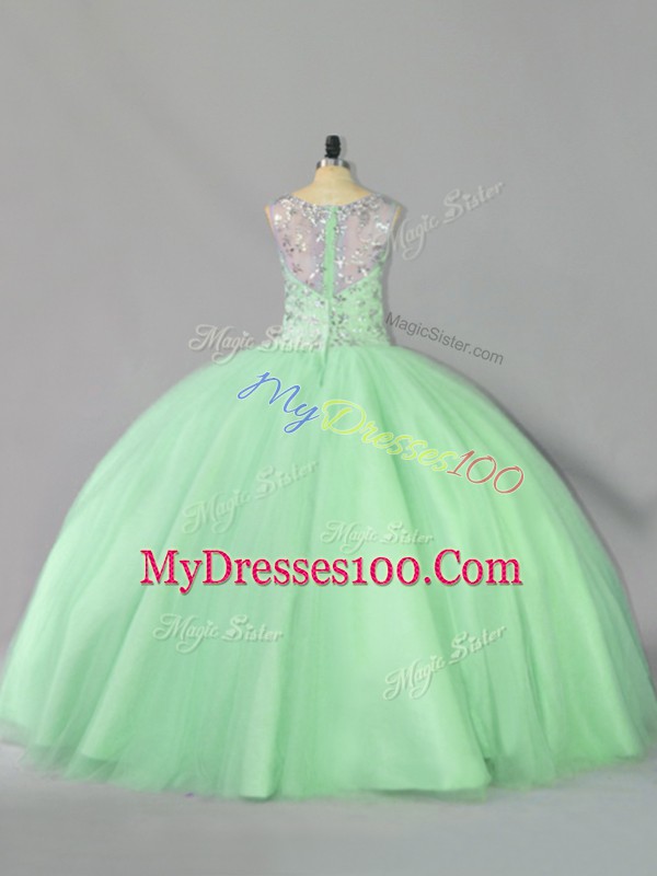 Unique Tulle Scoop Sleeveless Lace Up Sequins Quinceanera Dresses in Apple Green