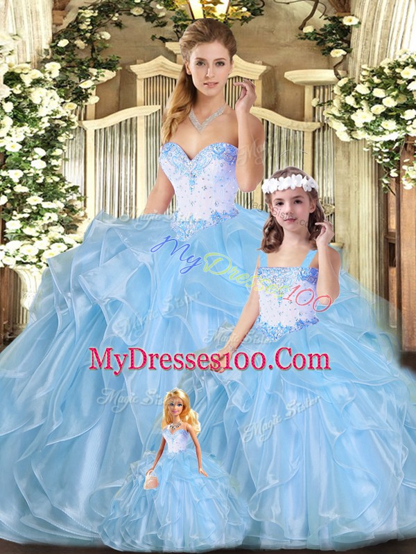 Delicate Blue Ball Gowns Sweetheart Sleeveless Organza Floor Length Lace Up Beading and Ruffles Sweet 16 Dress