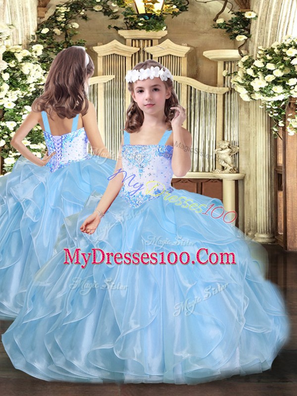 Delicate Blue Ball Gowns Sweetheart Sleeveless Organza Floor Length Lace Up Beading and Ruffles Sweet 16 Dress
