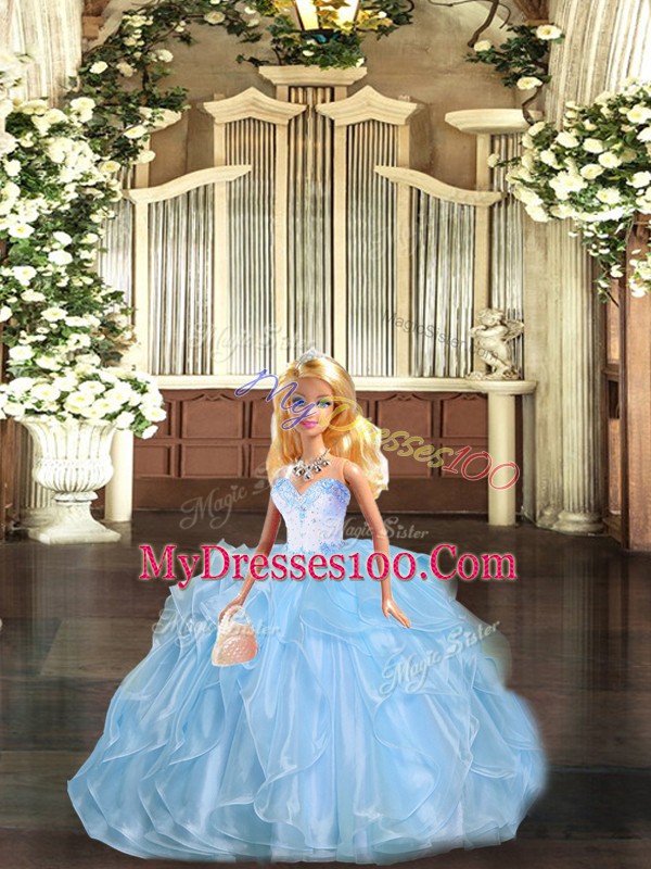 Delicate Blue Ball Gowns Sweetheart Sleeveless Organza Floor Length Lace Up Beading and Ruffles Sweet 16 Dress