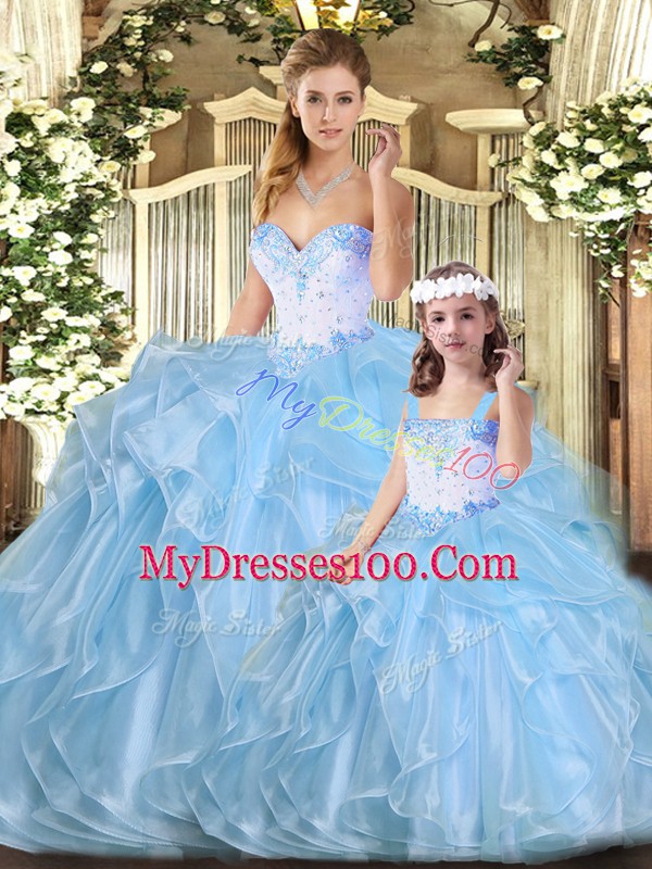 Delicate Blue Ball Gowns Sweetheart Sleeveless Organza Floor Length Lace Up Beading and Ruffles Sweet 16 Dress