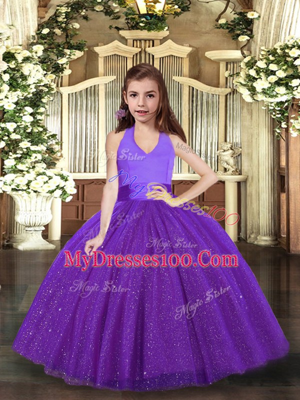 Purple Tulle Lace Up Pageant Gowns Sleeveless Floor Length Ruching