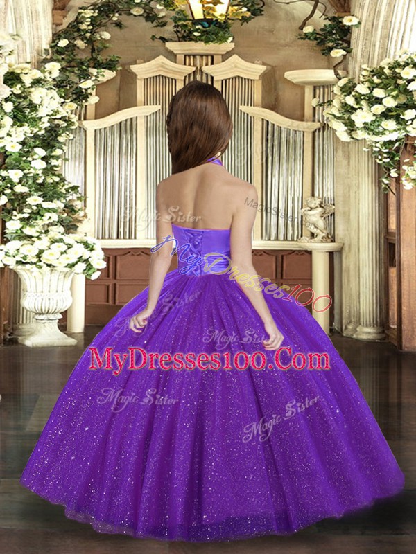 Purple Tulle Lace Up Pageant Gowns Sleeveless Floor Length Ruching