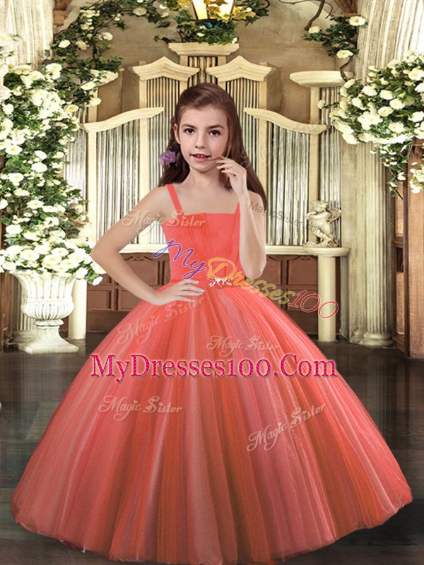 Modern Rust Red Ball Gowns Tulle Straps Sleeveless Beading Floor Length Lace Up Little Girl Pageant Gowns