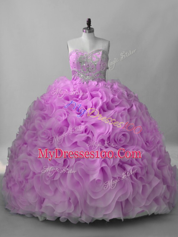 Unique Lilac Quinceanera Dress Fabric With Rolling Flowers Brush Train Sleeveless Beading
