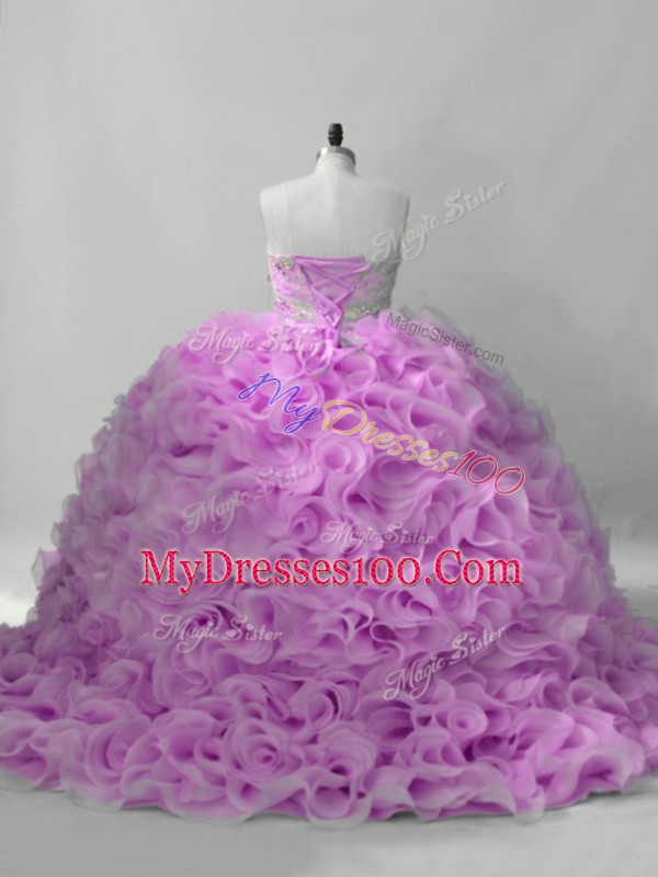Unique Lilac Quinceanera Dress Fabric With Rolling Flowers Brush Train Sleeveless Beading