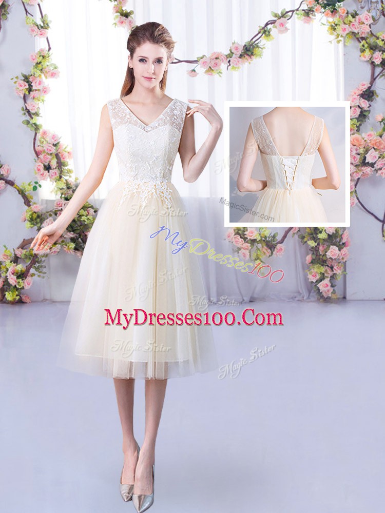 Champagne V-neck Neckline Lace Dama Dress for Quinceanera Sleeveless Lace Up