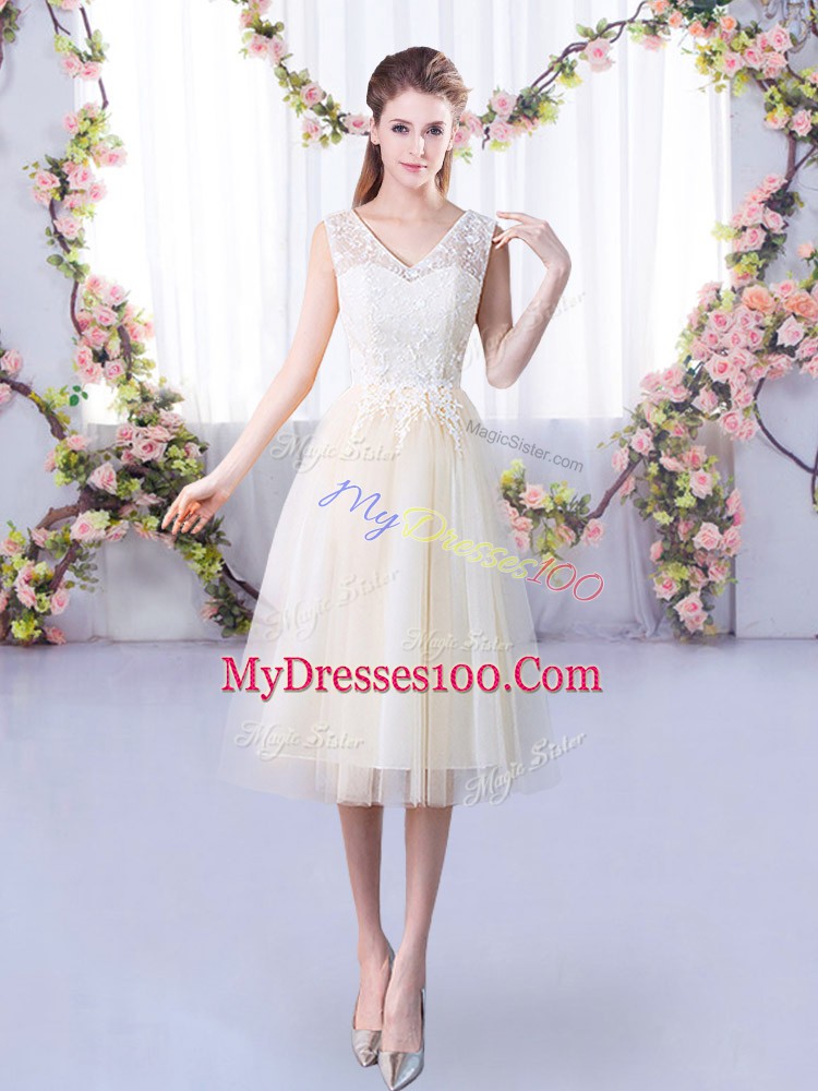 Champagne V-neck Neckline Lace Dama Dress for Quinceanera Sleeveless Lace Up