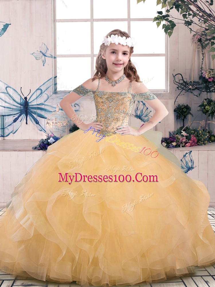 Floor Length Lace Up Pageant Dress for Teens Peach for Party and Sweet 16 and Wedding Party with Beading