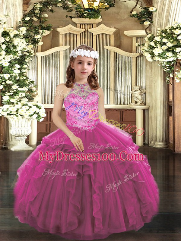 Customized Beading and Ruffles Little Girl Pageant Dress Fuchsia Lace Up Sleeveless Floor Length