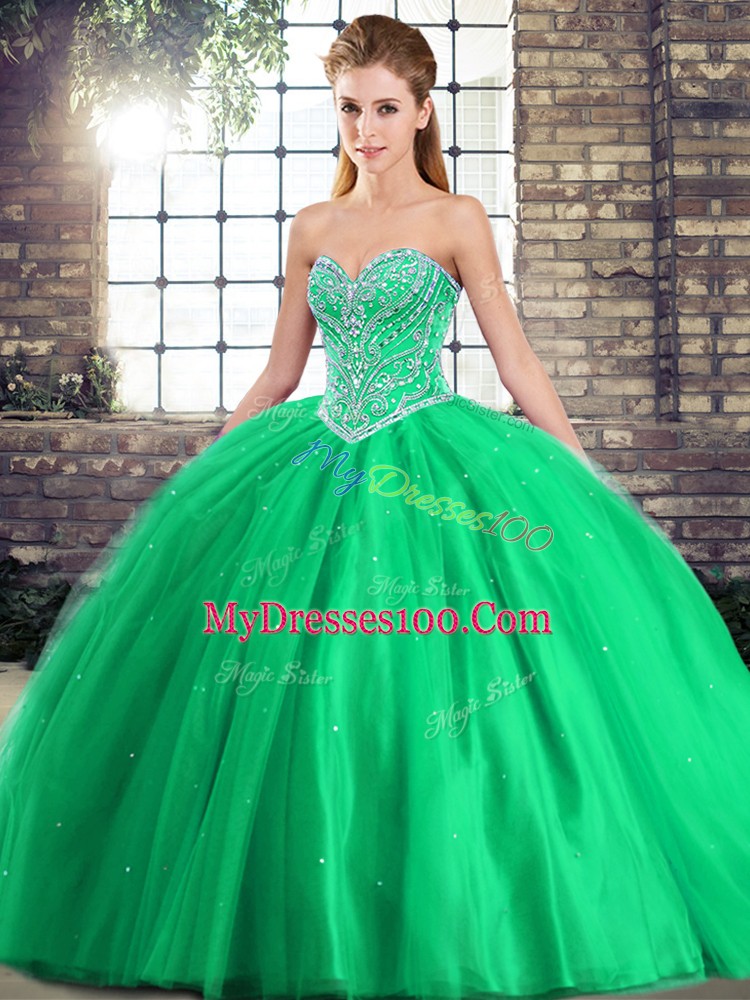 Pretty Ball Gowns Sleeveless Green Quince Ball Gowns Brush Train Lace Up
