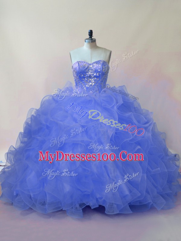 Dynamic Floor Length Blue Quinceanera Dresses Organza Sleeveless Beading and Ruffles