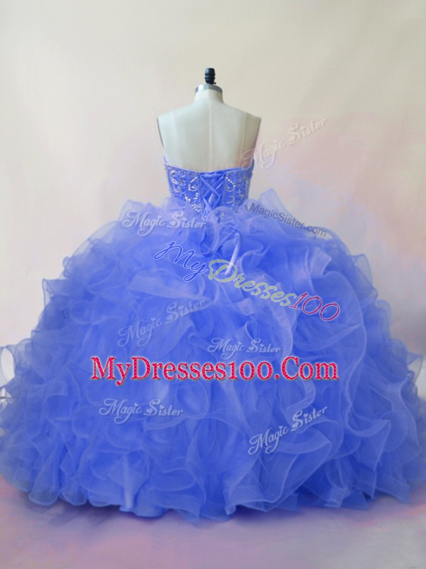 Dynamic Floor Length Blue Quinceanera Dresses Organza Sleeveless Beading and Ruffles